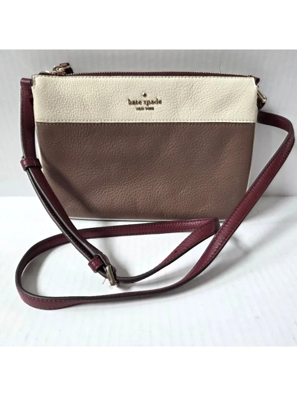 Kate Spade Purse Jackson Triple Gusset Neutral Cream Brown Leather Crossbody Bag
